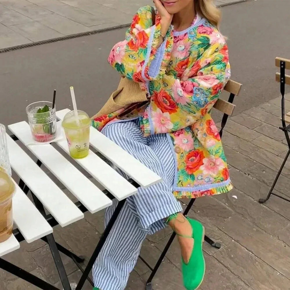 Multicolor Casual Women's Floral Puffer Quilted Jacket Vintage Flower Print Butt - Picture 2 of 4